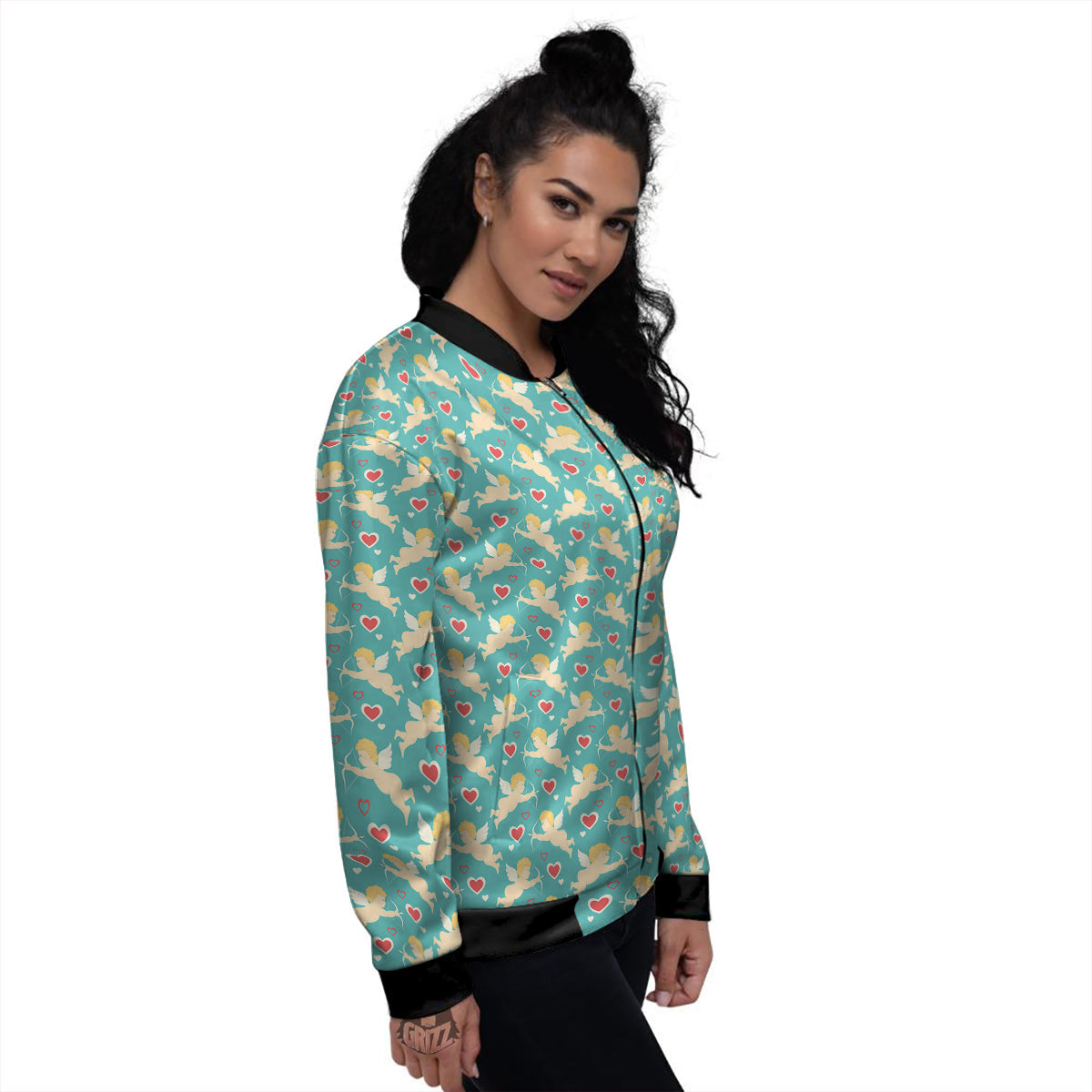 Blue Cupid And Heart Print Pattern Women's Bomber Jacket-grizzshop