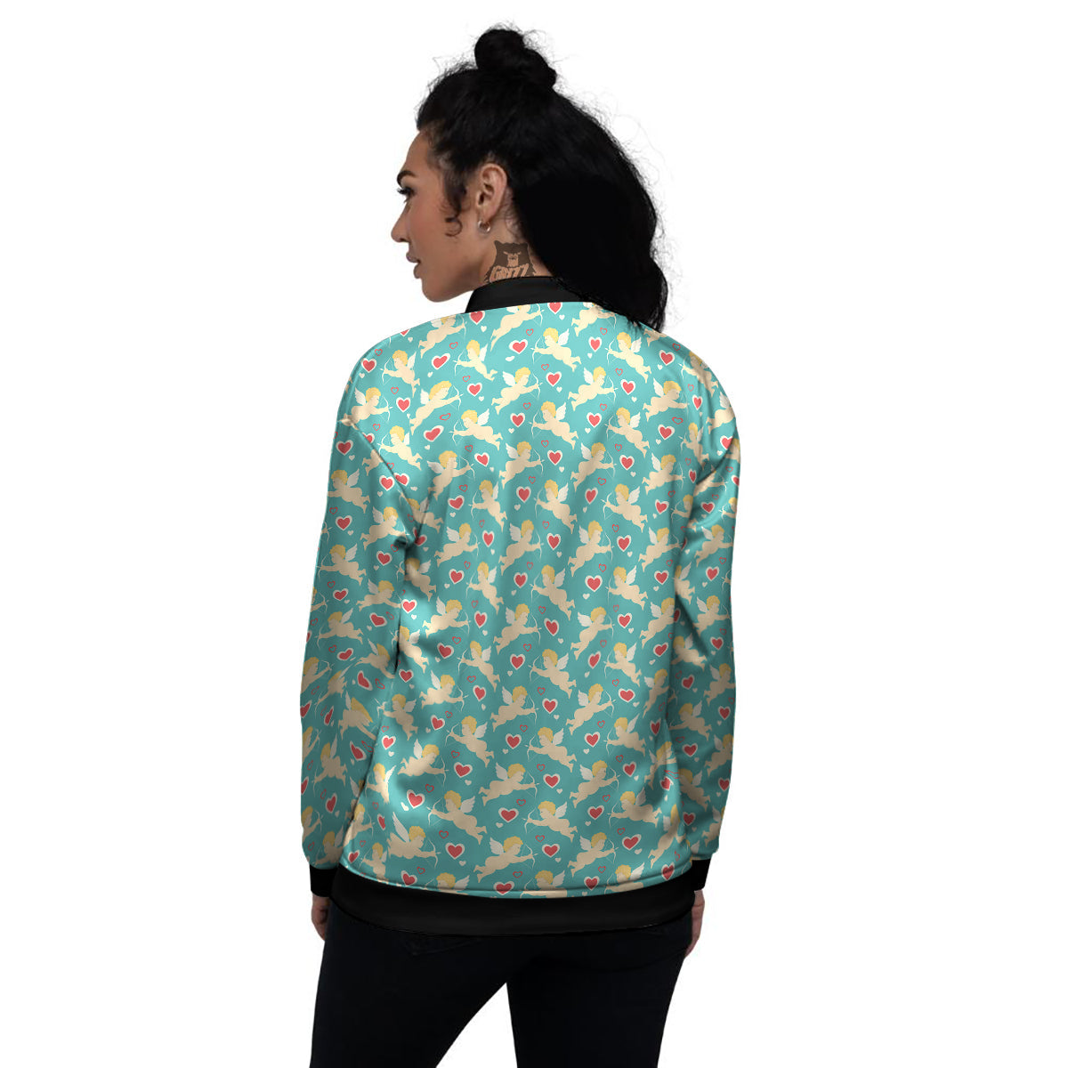 Blue Cupid And Heart Print Pattern Women's Bomber Jacket-grizzshop