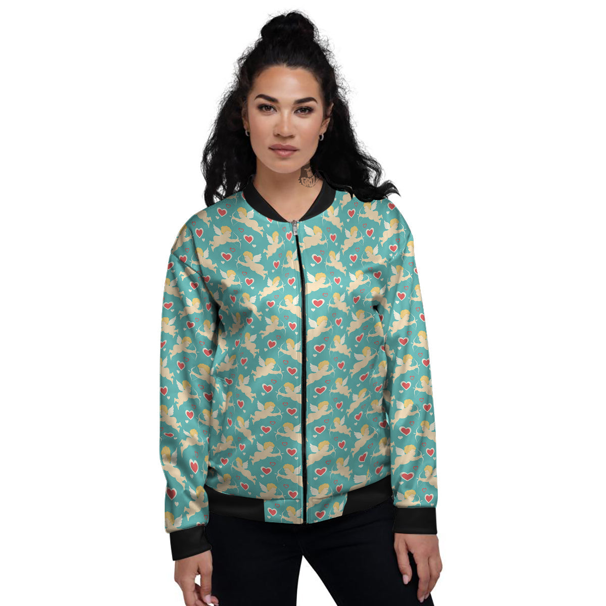 Blue Cupid And Heart Print Pattern Women's Bomber Jacket-grizzshop