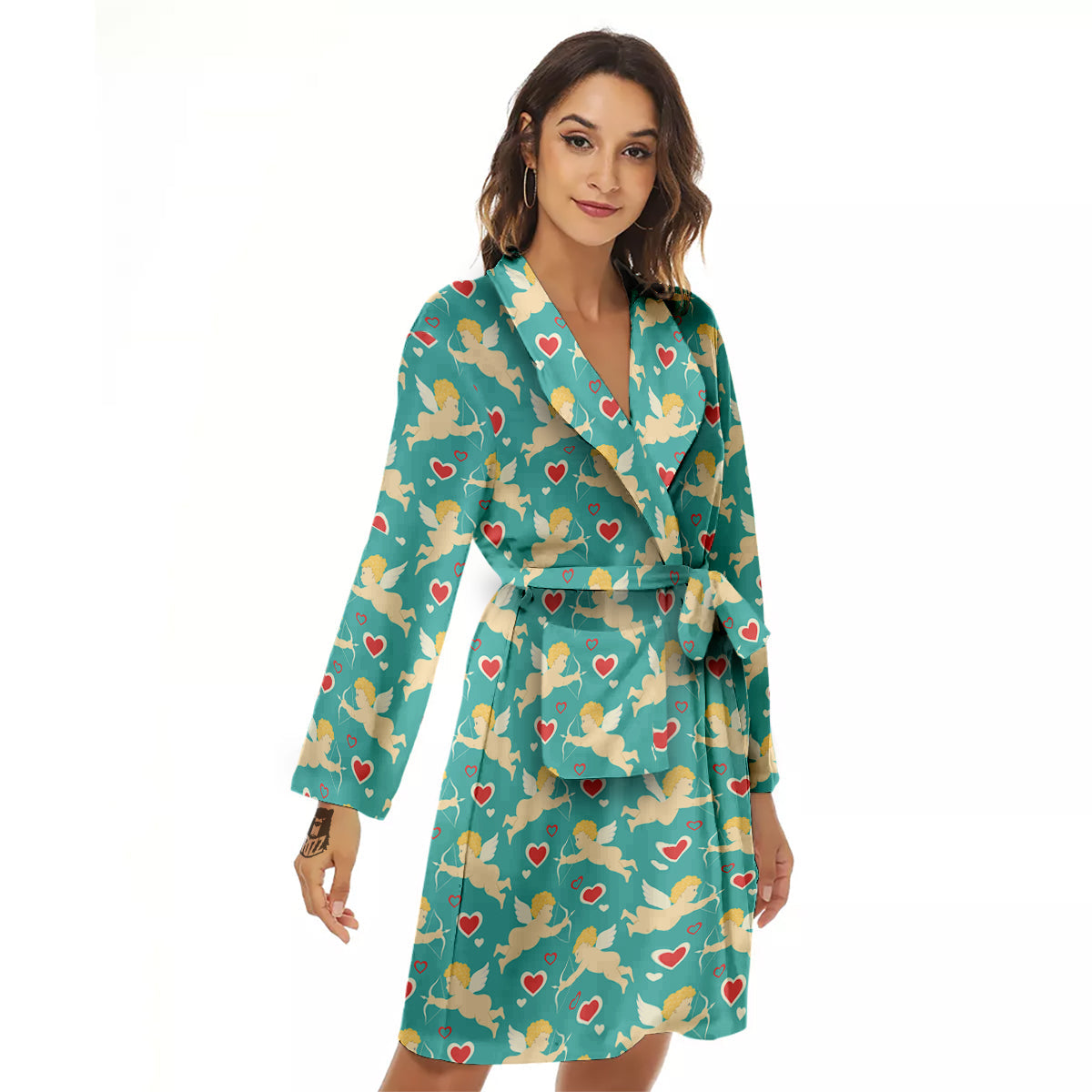 Blue Cupid And Heart Print Pattern Women's Robe-grizzshop