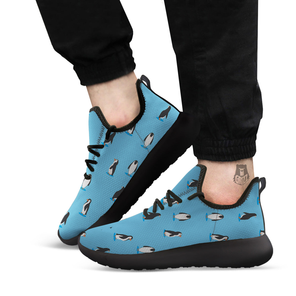 Blue Cute Penguin Print Pattern Black Athletic Shoes-grizzshop