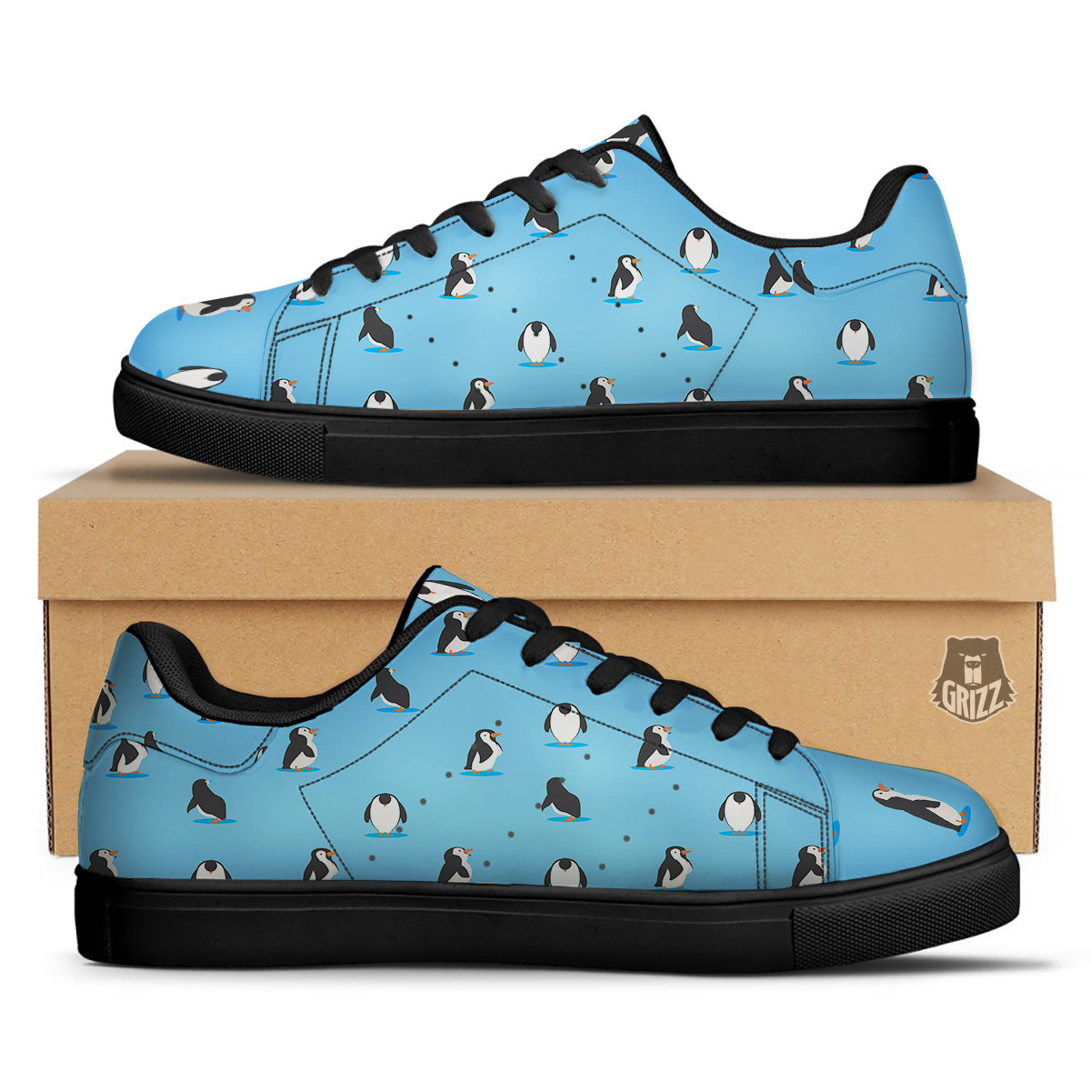 Blue Cute Penguin Print Pattern Black Low Top Sneakers-grizzshop