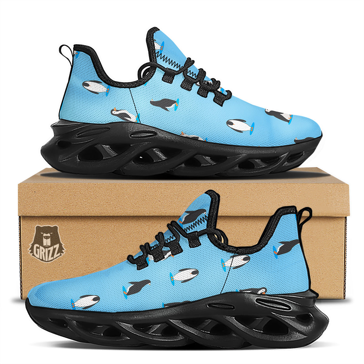 Blue Cute Penguin Print Pattern Black Running Shoes-grizzshop