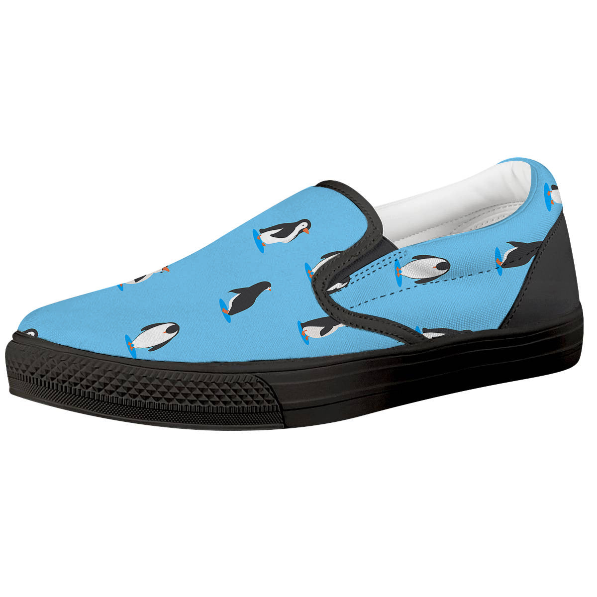 Blue Cute Penguin Print Pattern Black Slip On Shoes-grizzshop