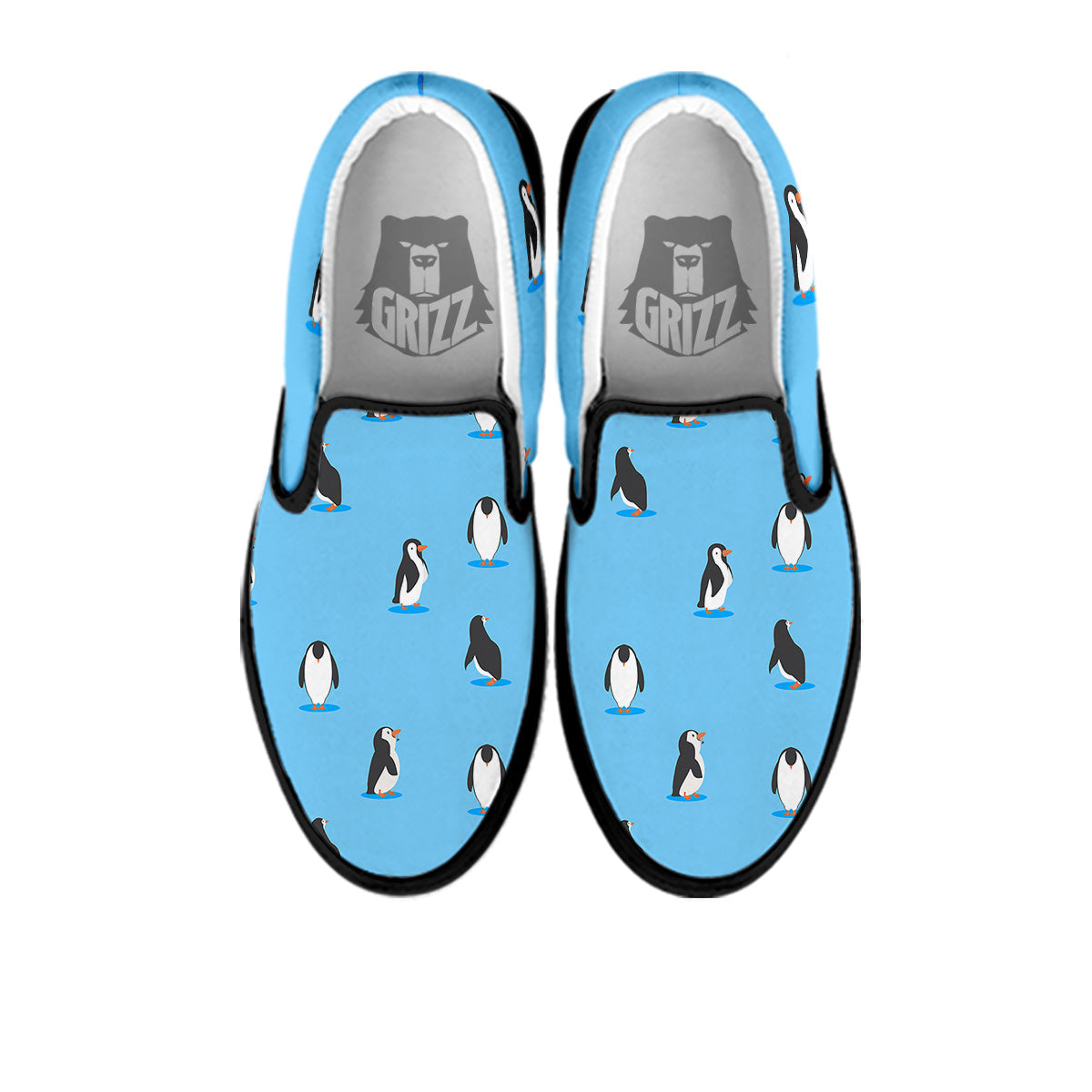 Blue Cute Penguin Print Pattern Black Slip On Shoes-grizzshop