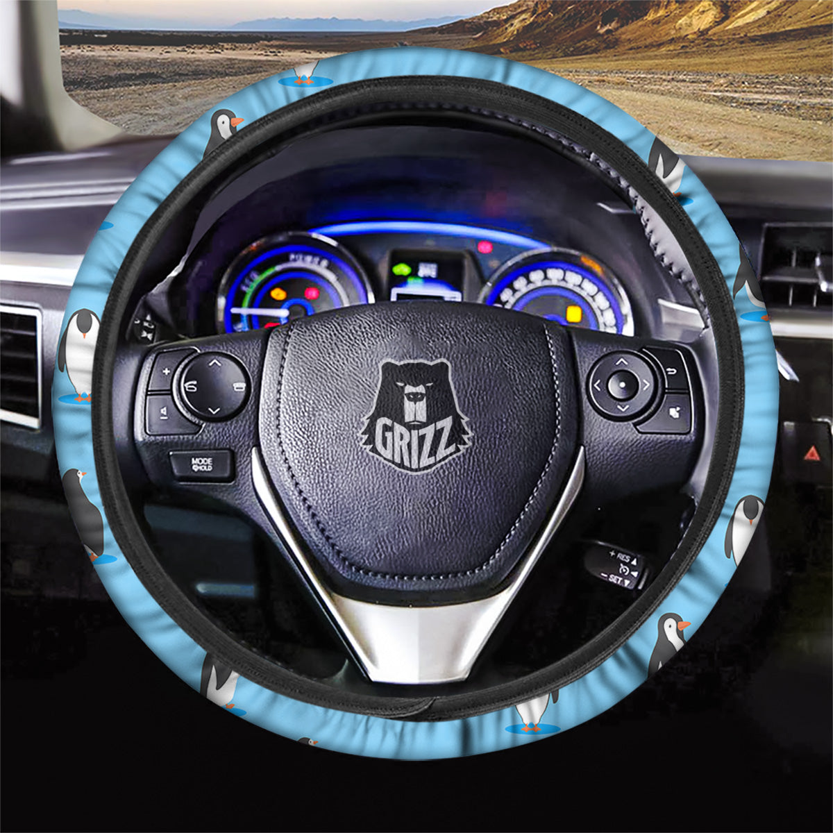 Blue Cute Penguin Print Pattern Car Steering Wheel Cover-grizzshop