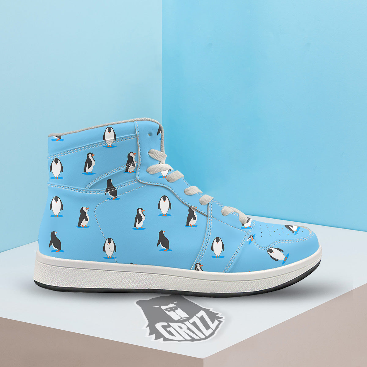 Blue Cute Penguin Print Pattern High Top Sneakers-grizzshop