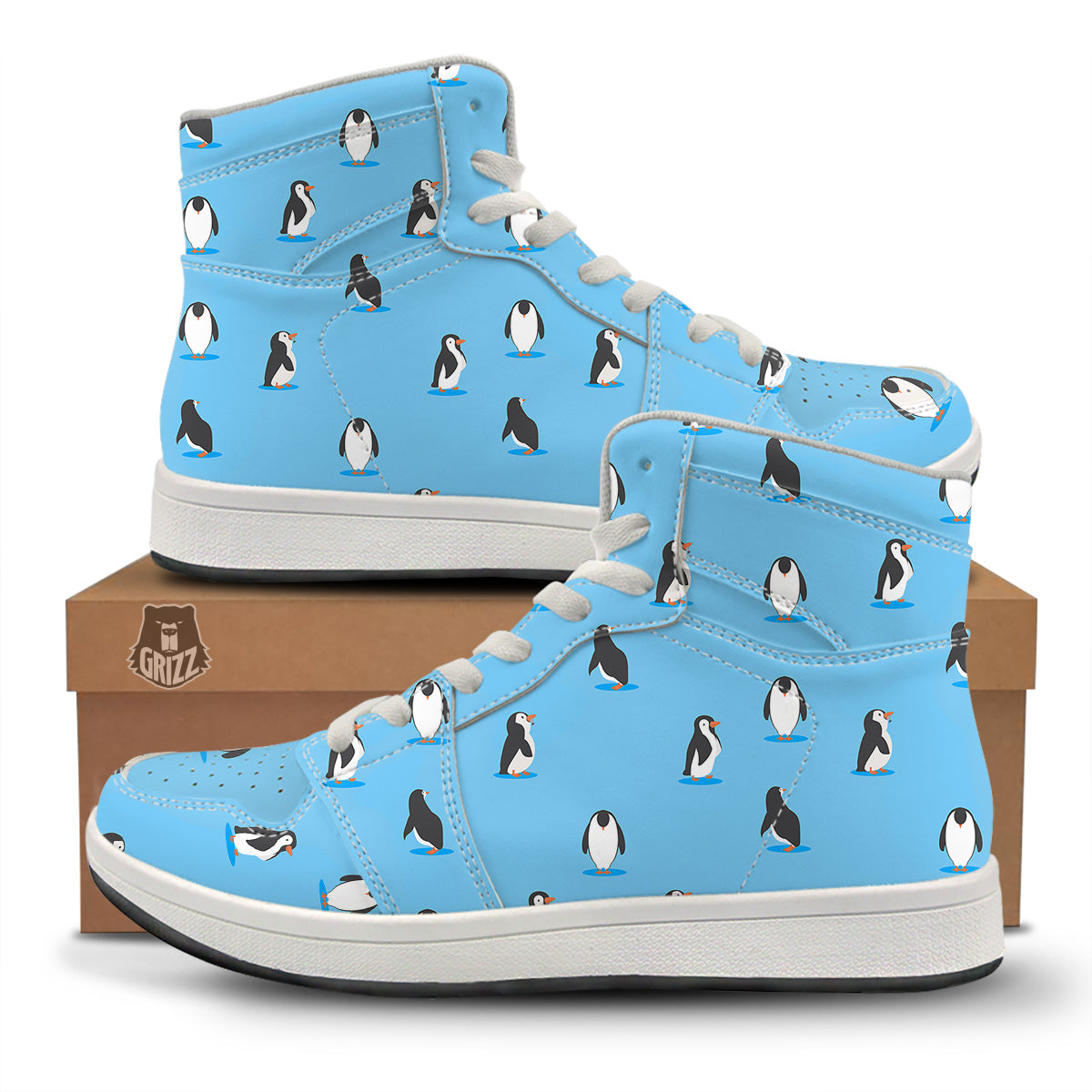 Blue Cute Penguin Print Pattern High Top Sneakers-grizzshop