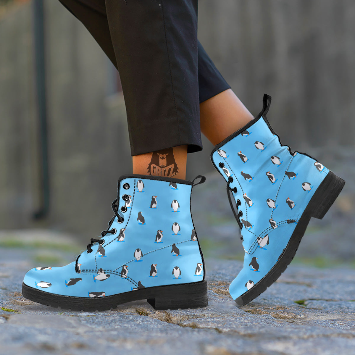 Blue Cute Penguin Print Pattern Leather Boots-grizzshop