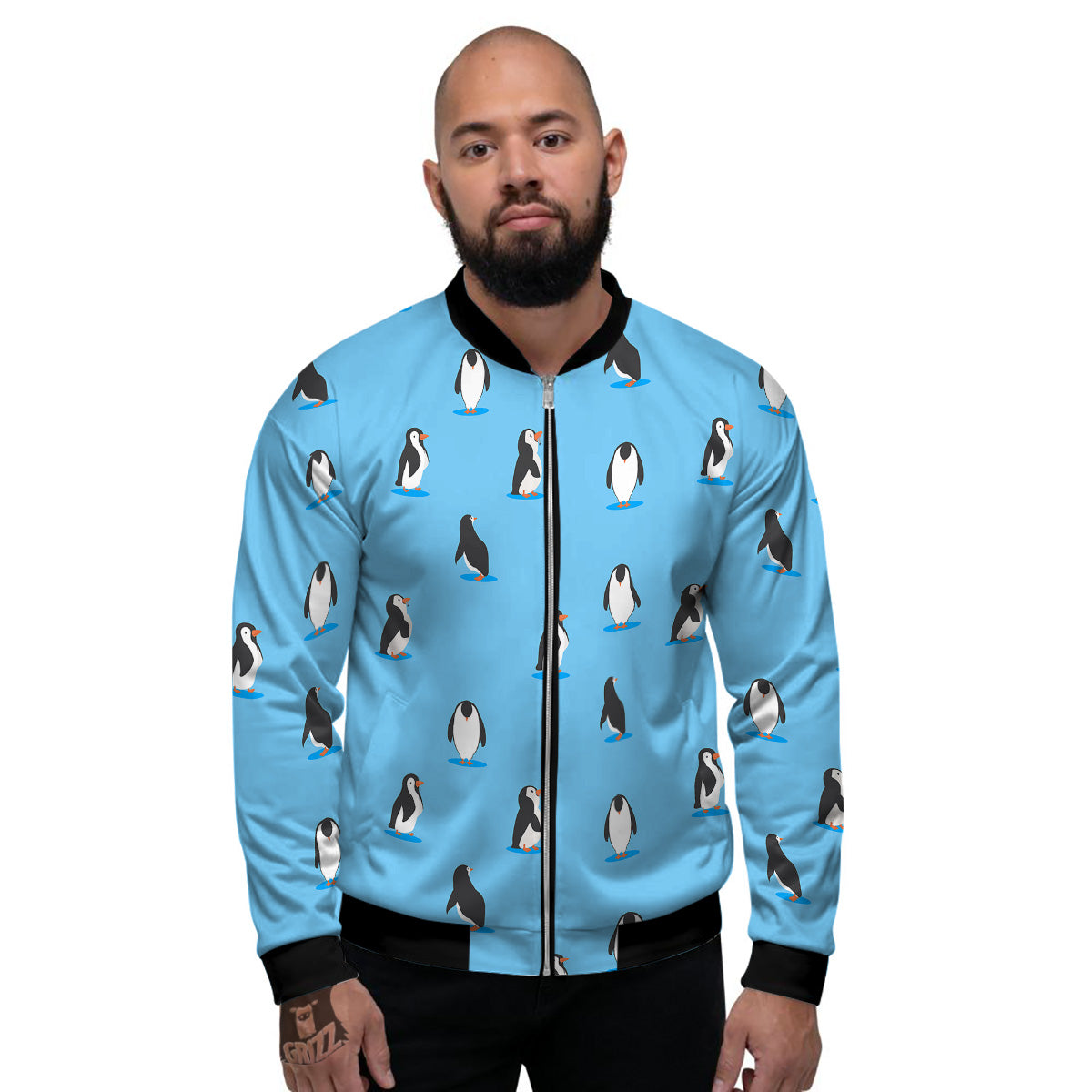 Blue Cute Penguin Print Pattern Men's Bomber Jacket-grizzshop