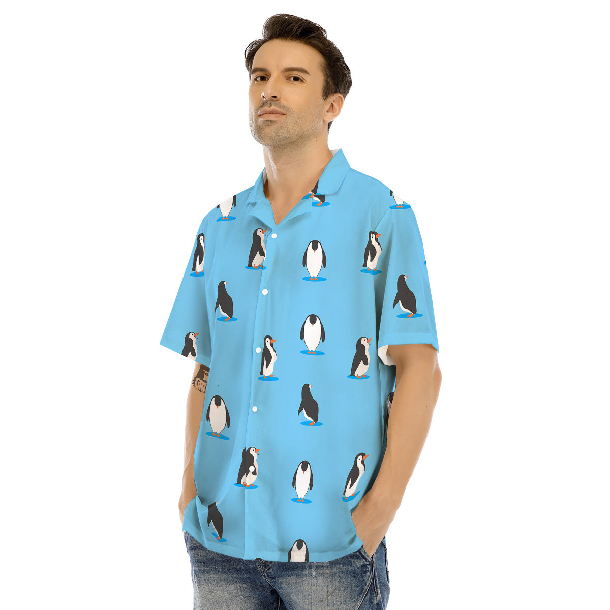 Blue Cute Penguin Print Pattern Men's Hawaiian Shirt-grizzshop