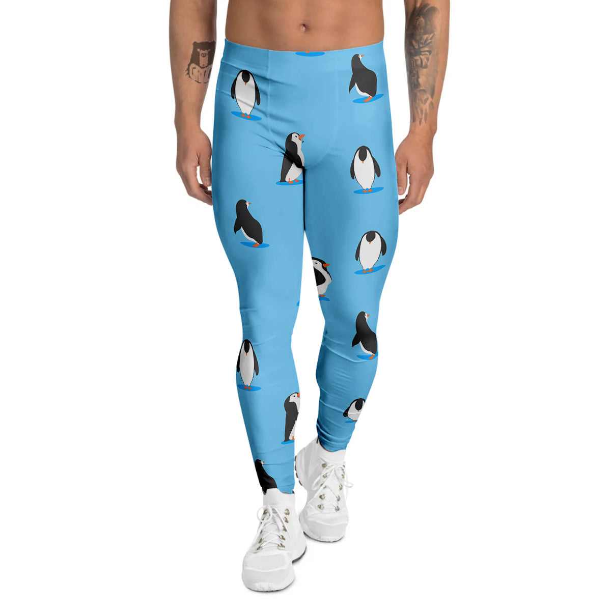 Blue Cute Penguin Print Pattern Men's Leggings-grizzshop