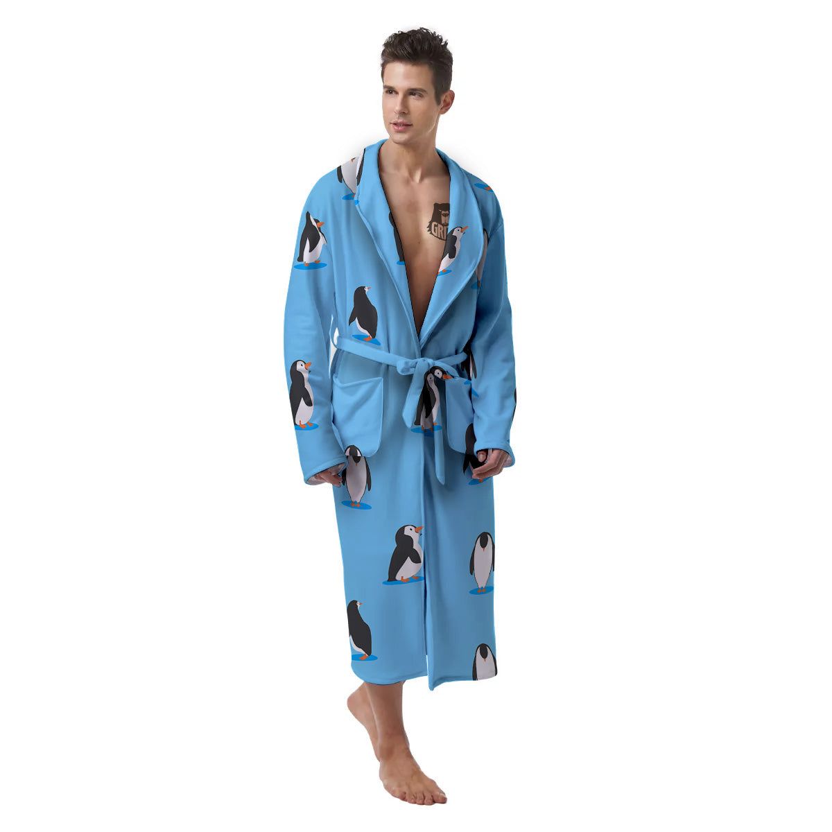 Blue Cute Penguin Print Pattern Men's Robe-grizzshop