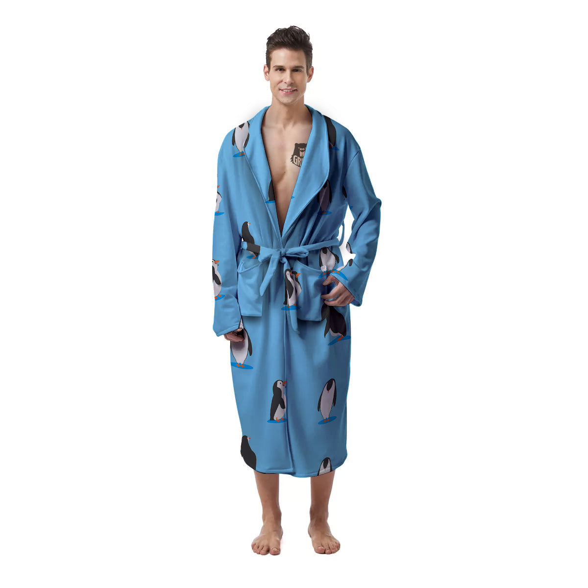 Blue Cute Penguin Print Pattern Men's Robe-grizzshop