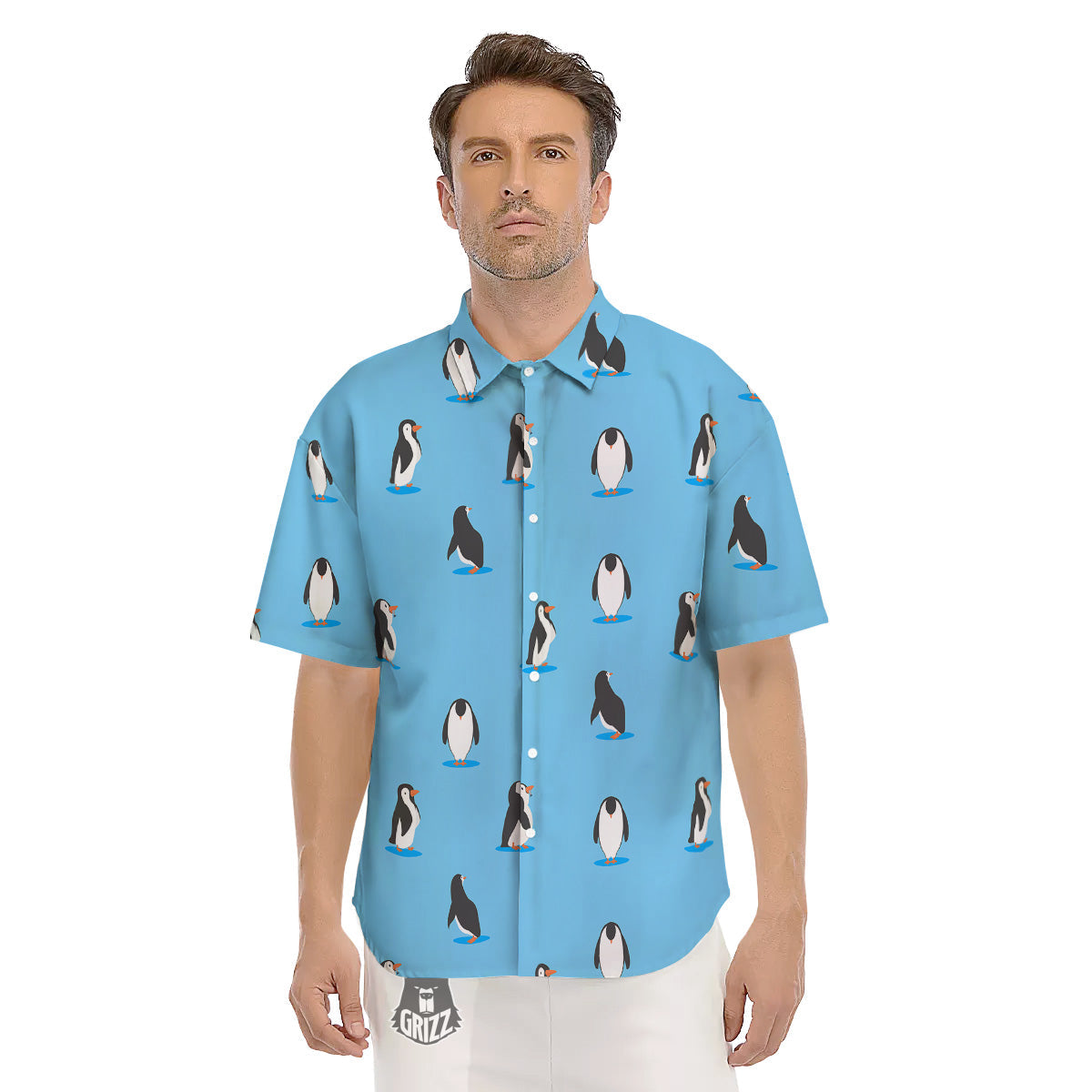 Blue Cute Penguin Print Pattern Men's Short Sleeve Shirts-grizzshop