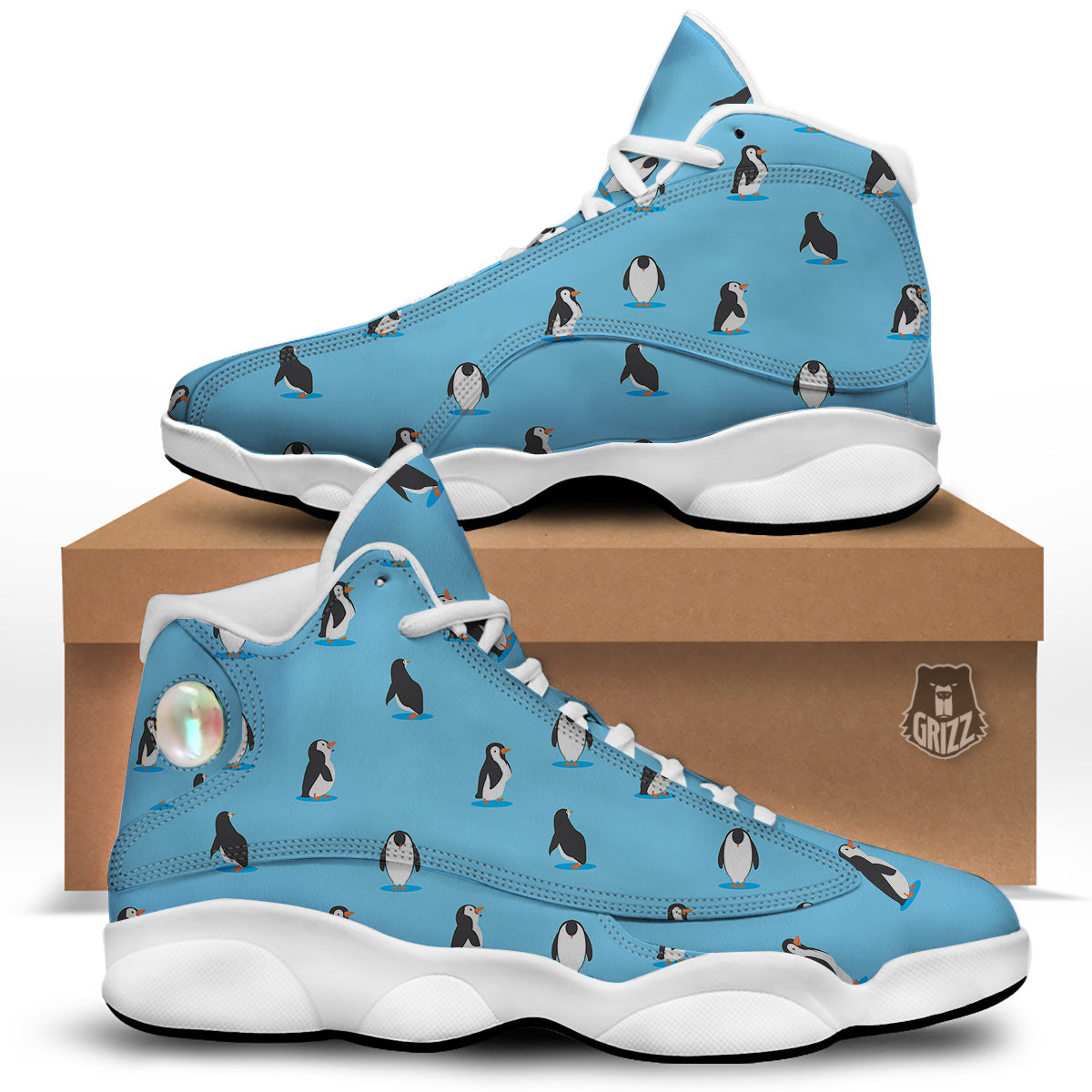 Blue Cute Penguin Print Pattern White Basketball Shoes-grizzshop