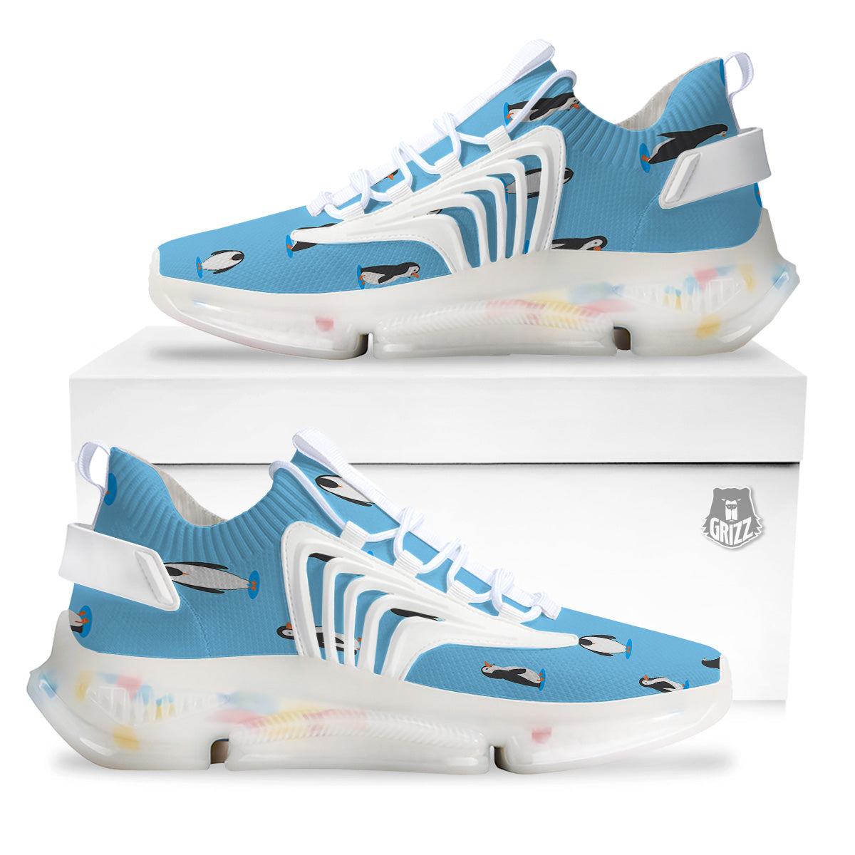 Blue Cute Penguin Print Pattern White Gym Shoes-grizzshop