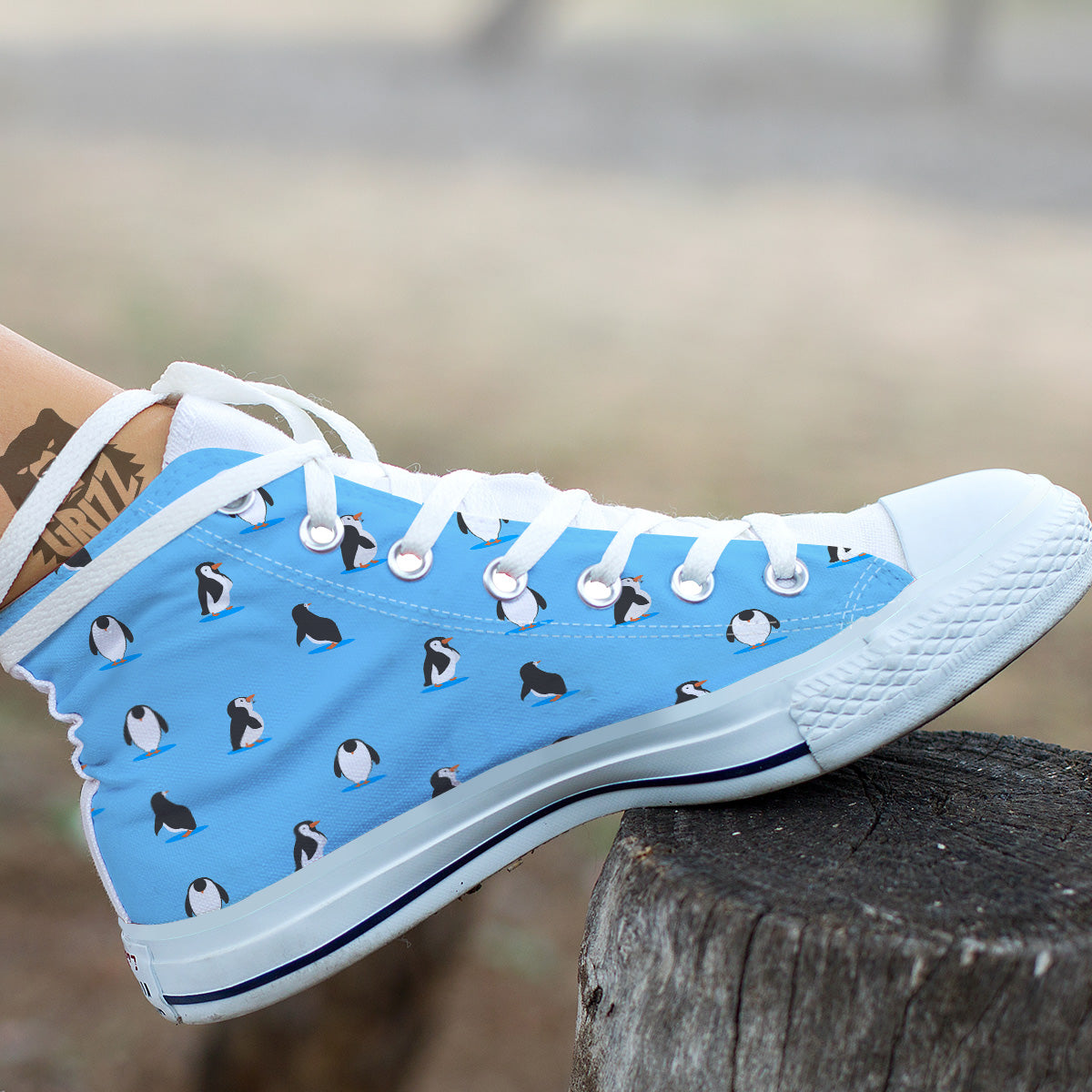 Blue Cute Penguin Print Pattern White High Top Shoes Grizzshopping