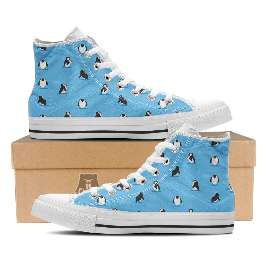 Blue Cute Penguin Print Pattern White High Top Shoes-grizzshop