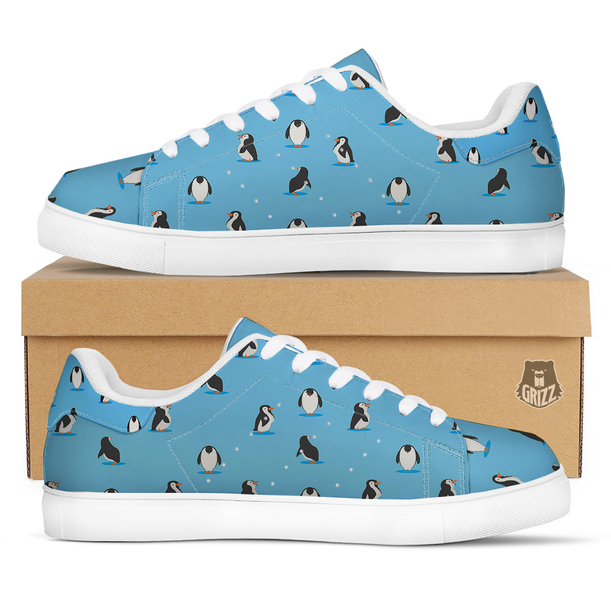 Blue Cute Penguin Print Pattern White Low Top Sneakers-grizzshop