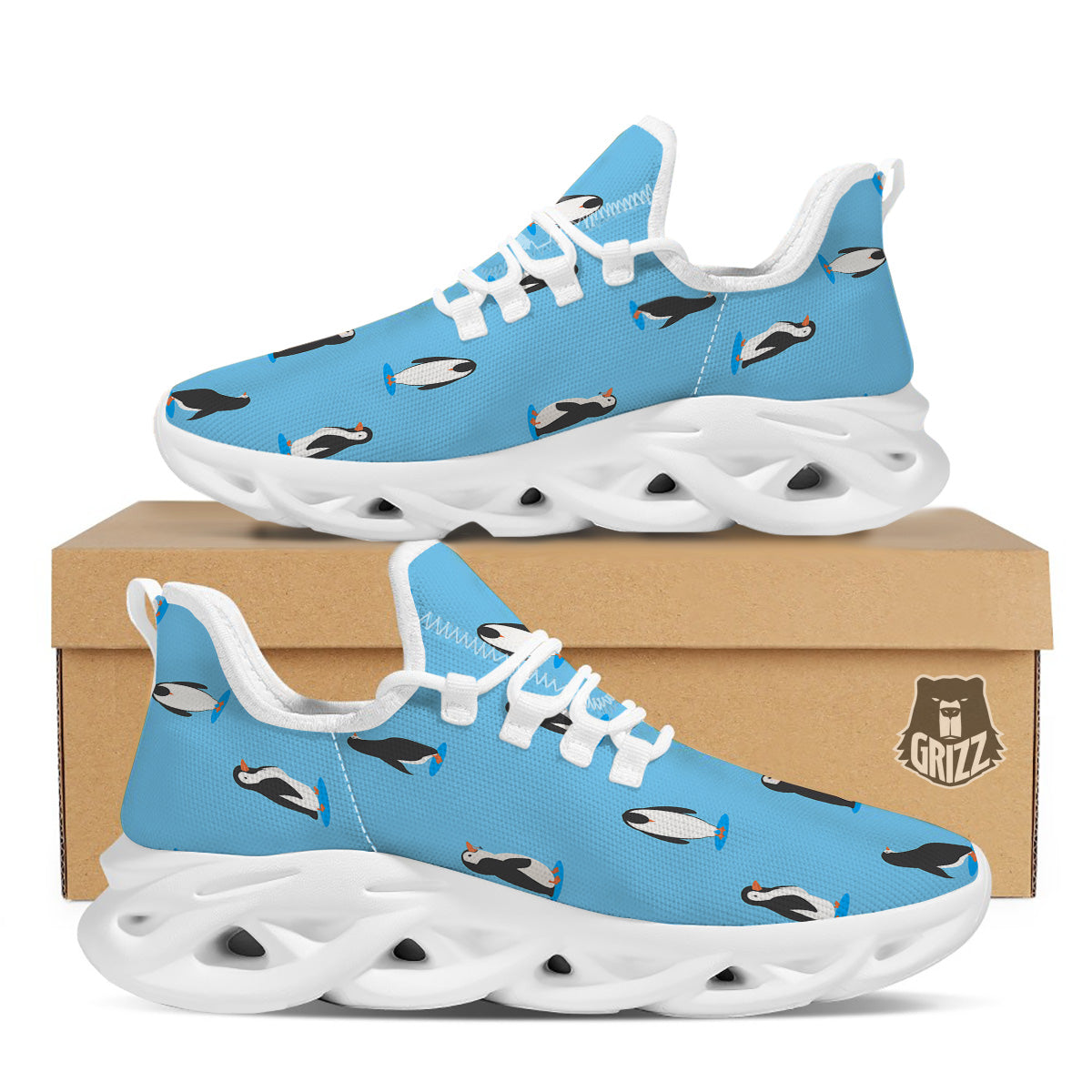 Blue Cute Penguin Print Pattern White Running Shoes-grizzshop
