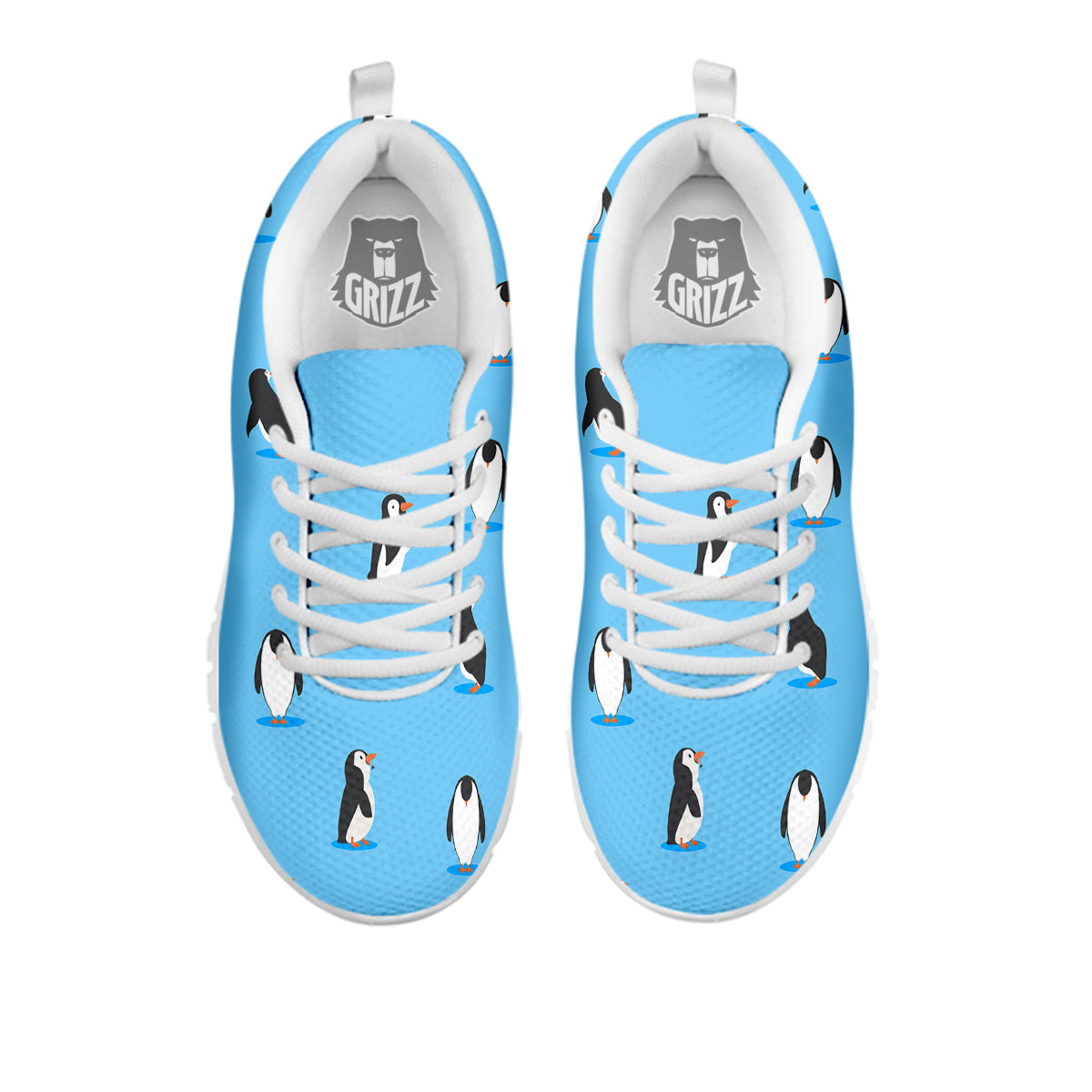 Blue Cute Penguin Print Pattern White Sneaker-grizzshop