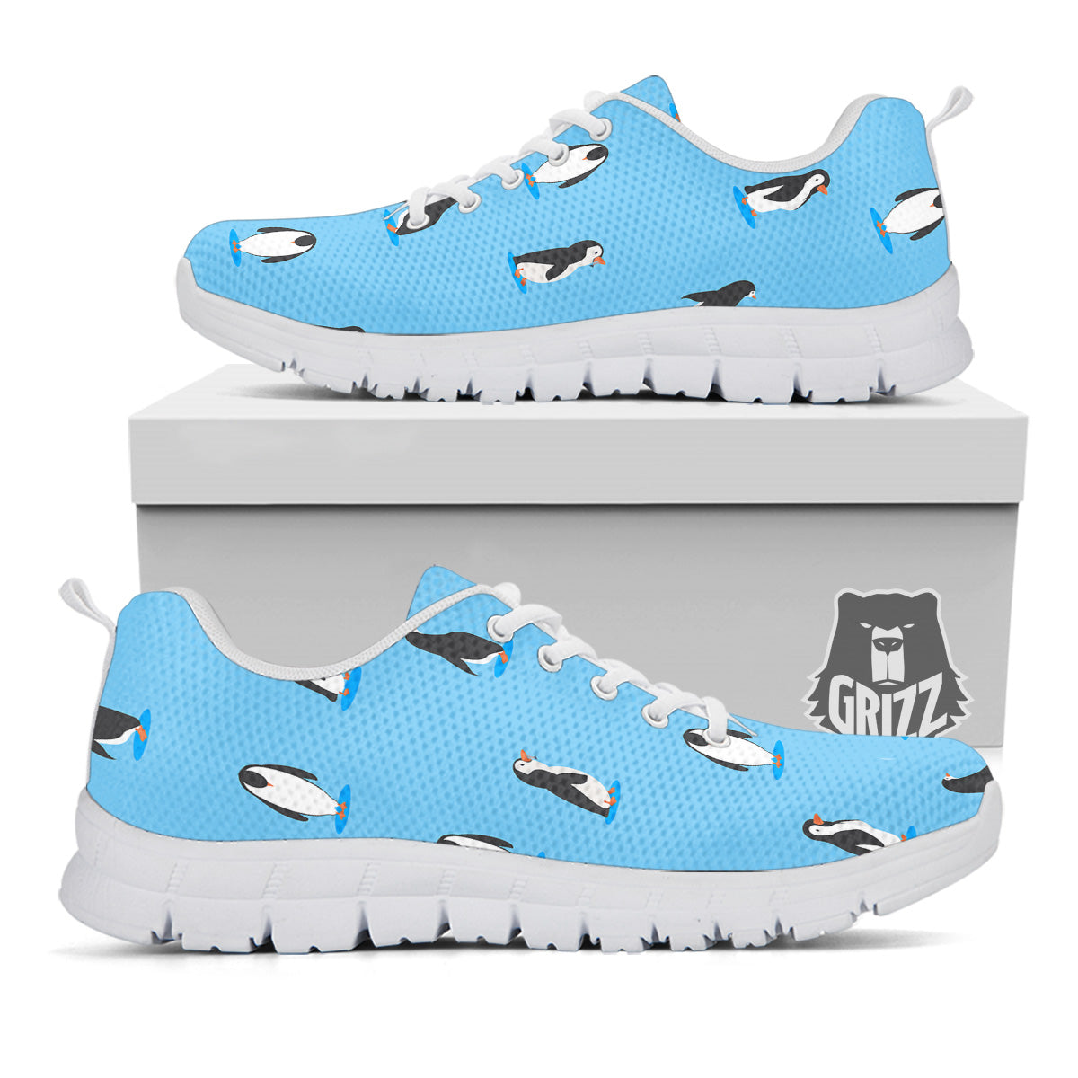 Blue Cute Penguin Print Pattern White Sneaker-grizzshop