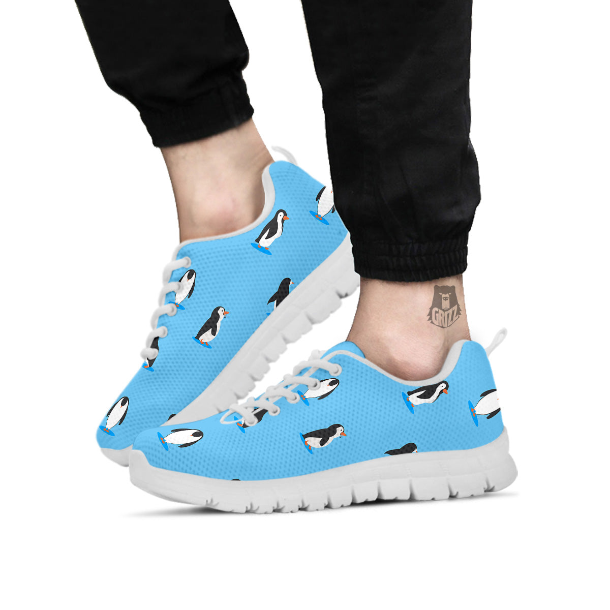 Blue Cute Penguin Print Pattern White Sneaker-grizzshop