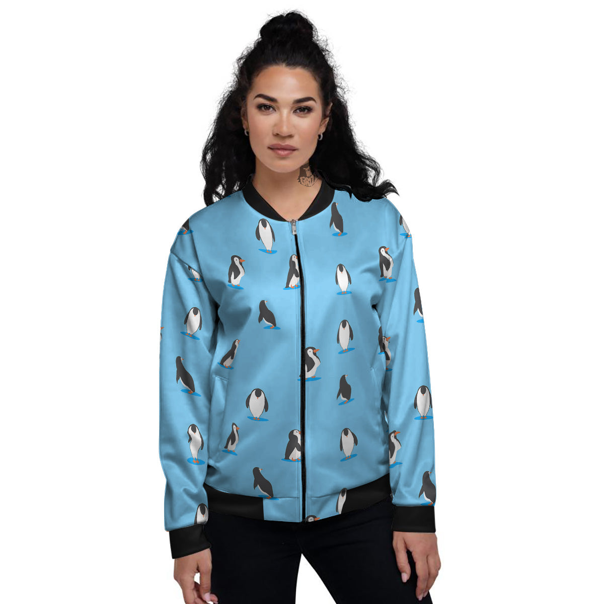 Blue Cute Penguin Print Pattern Women's Bomber Jacket-grizzshop