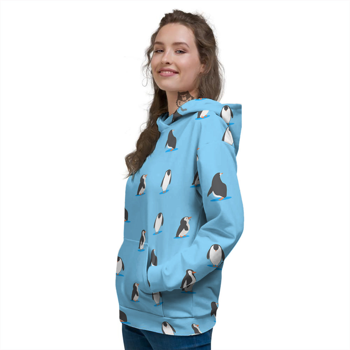 Blue Cute Penguin Print Pattern Women's Hoodie-grizzshop