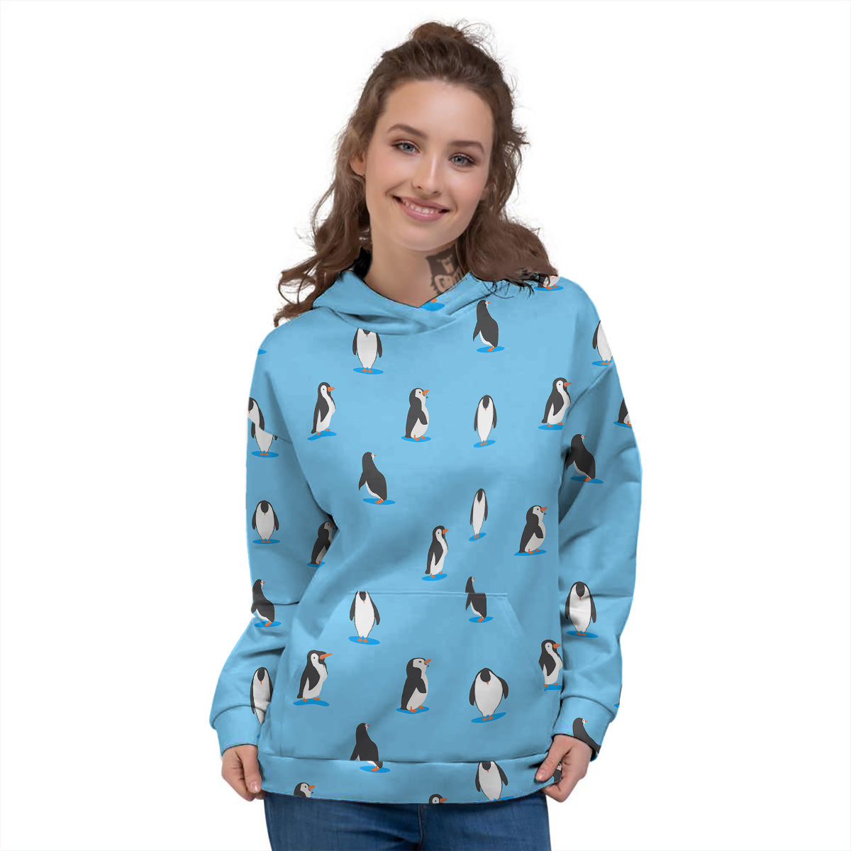 Blue Cute Penguin Print Pattern Women's Hoodie-grizzshop
