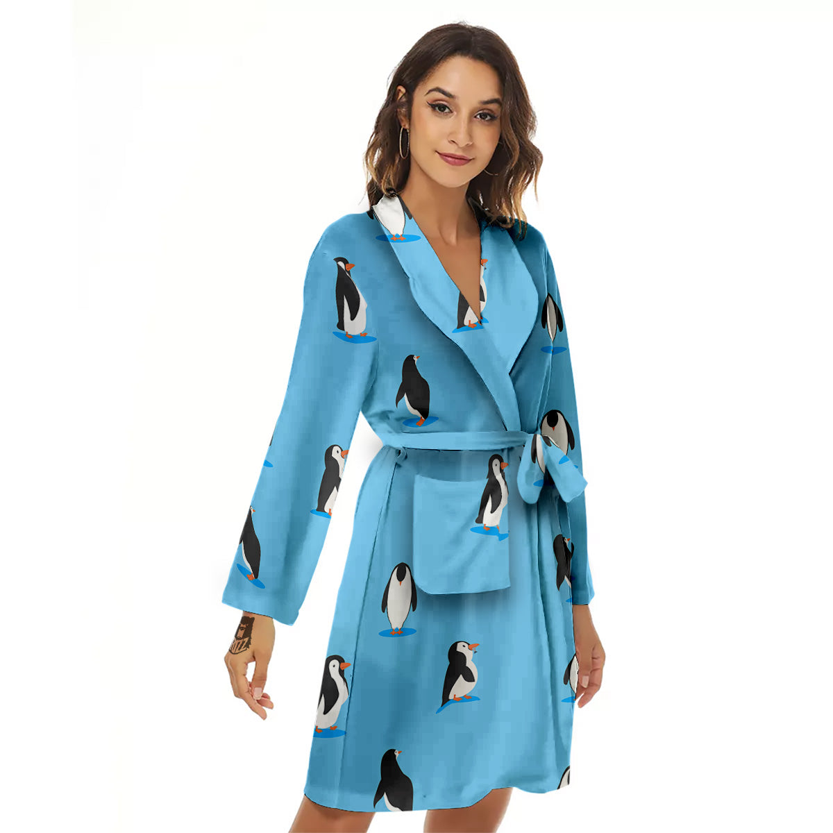 Blue Cute Penguin Print Pattern Women's Robe-grizzshop