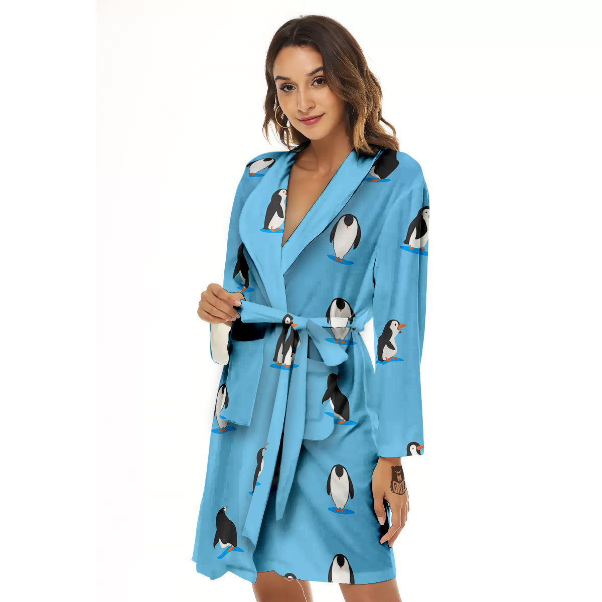 Blue Cute Penguin Print Pattern Women's Robe-grizzshop