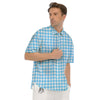 Blue Cyan And White Gingham Print Men's Short Sleeve Shirts-grizzshop