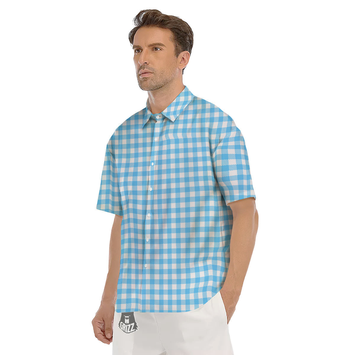 Blue Cyan And White Gingham Print Men's Short Sleeve Shirts-grizzshop