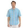 Blue Cyan And White Gingham Print Men's Short Sleeve Shirts-grizzshop