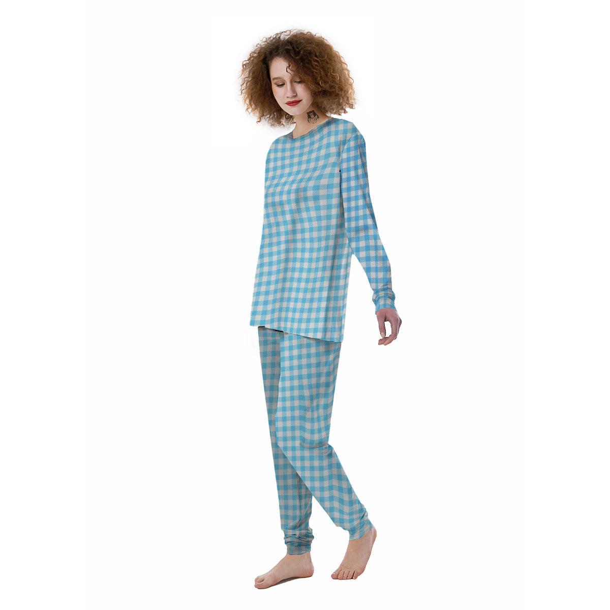 Blue Cyan And White Gingham Print Women's Pajamas-grizzshop