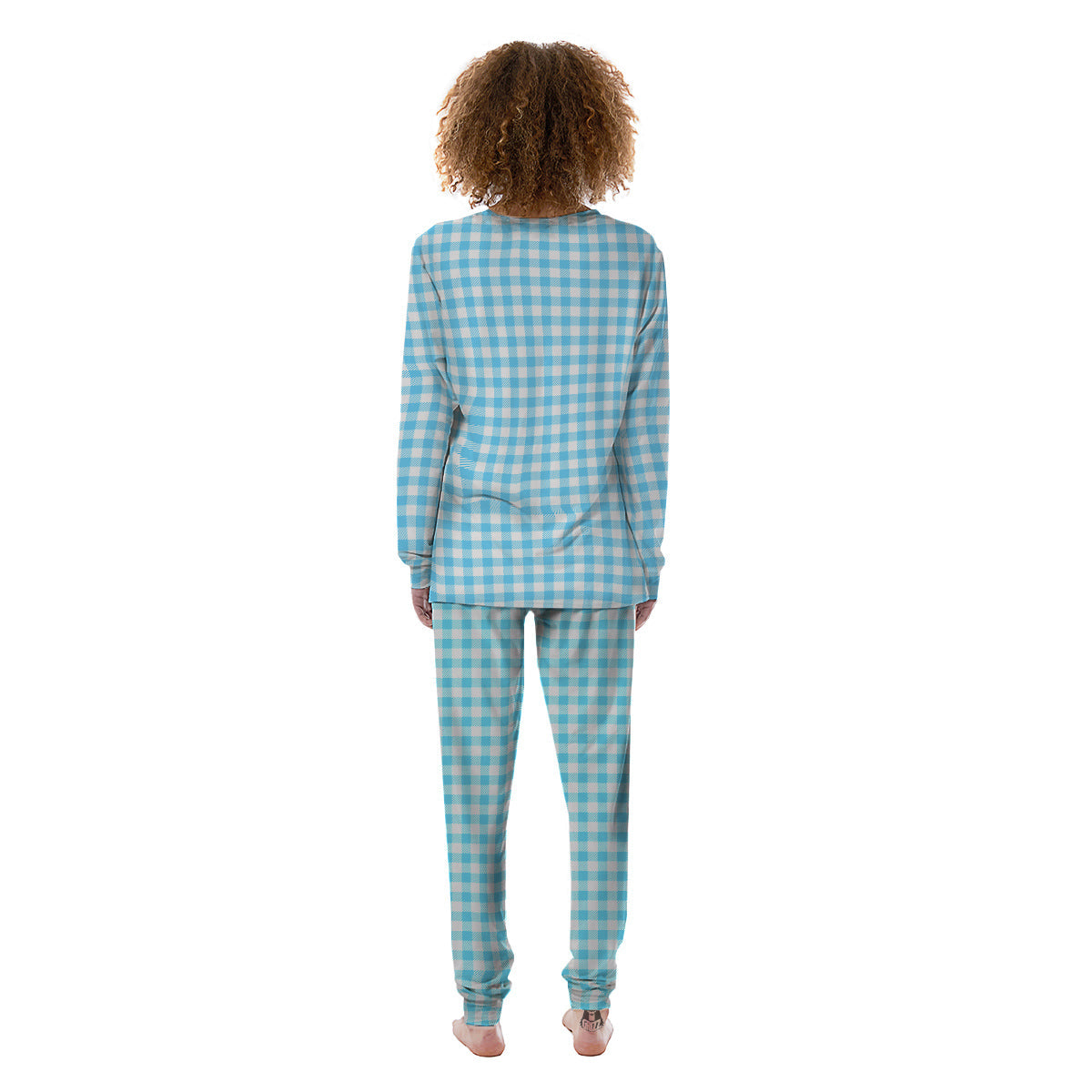Blue Cyan And White Gingham Print Women's Pajamas-grizzshop