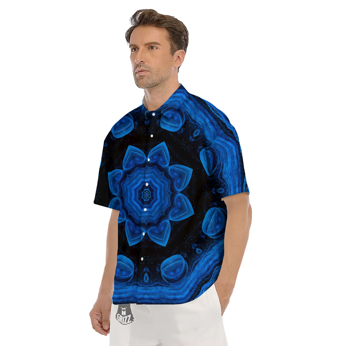 Blue Dark Kaleidoscope Print Men's Short Sleeve Shirts-grizzshop