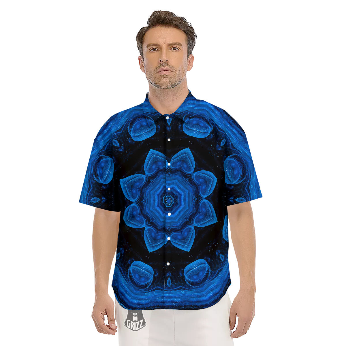 Blue Dark Kaleidoscope Print Men's Short Sleeve Shirts-grizzshop