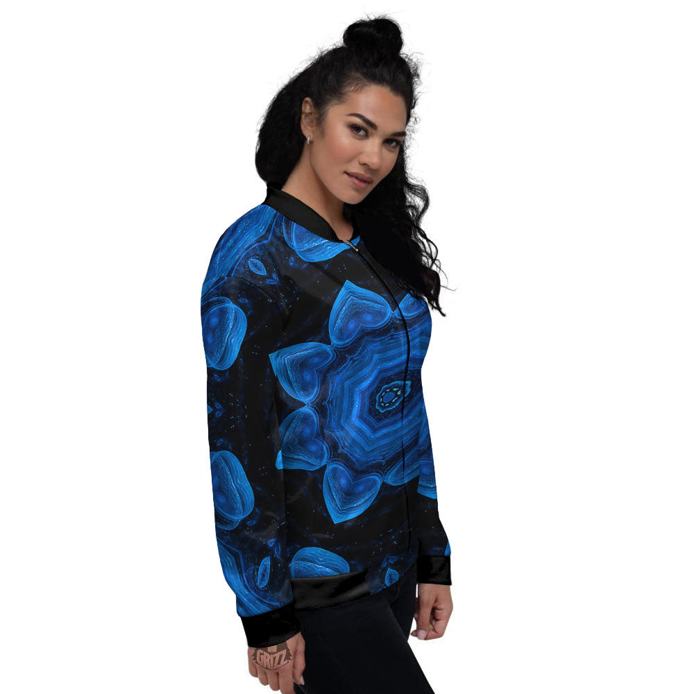 Blue Dark Kaleidoscope Print Women's Bomber Jacket-grizzshop