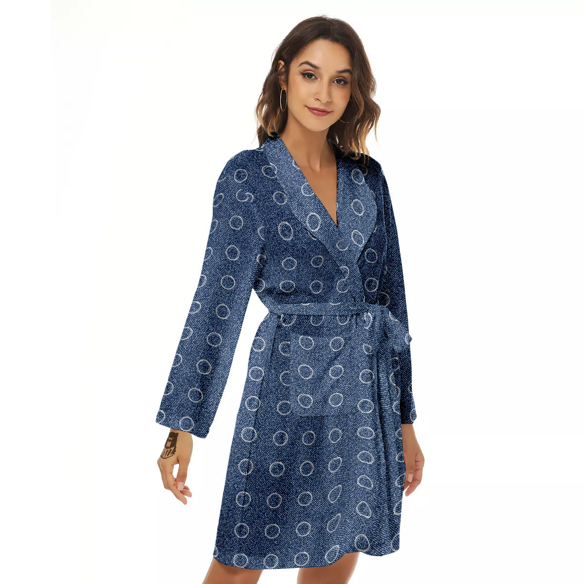 Blue Denim Jeans Polka Dot Print Pattern Women's Robe-grizzshop
