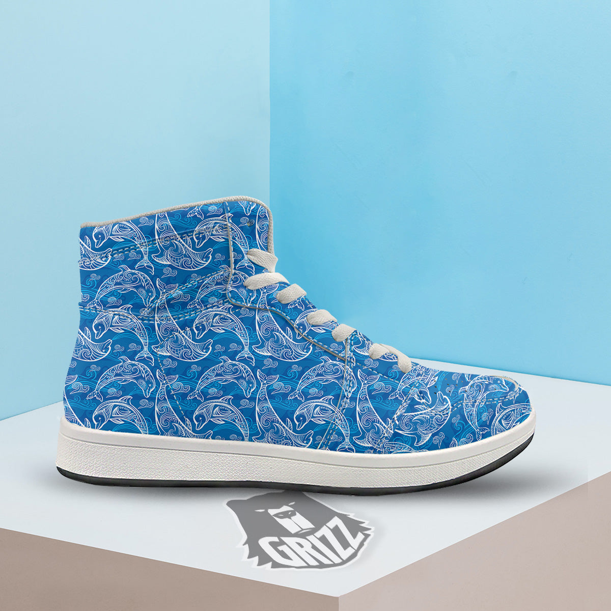 Blue Dolphins Ethnic Print Pattern High Top Sneakers-grizzshop