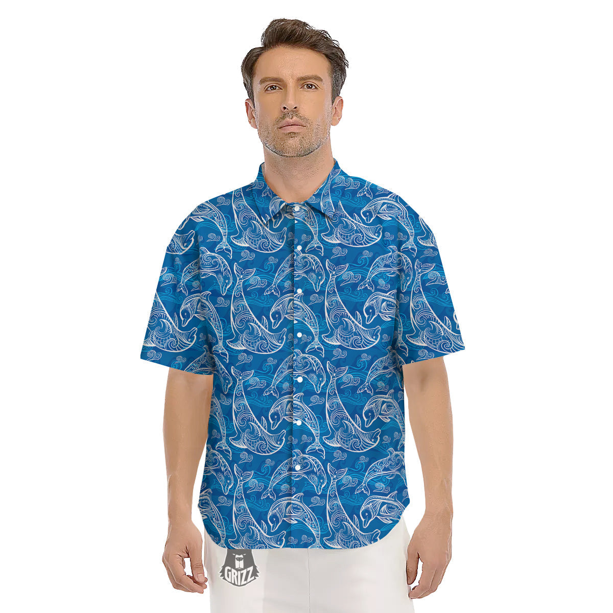 Blue Dolphins Ethnic Print Pattern Men's Short Sleeve Shirts-grizzshop