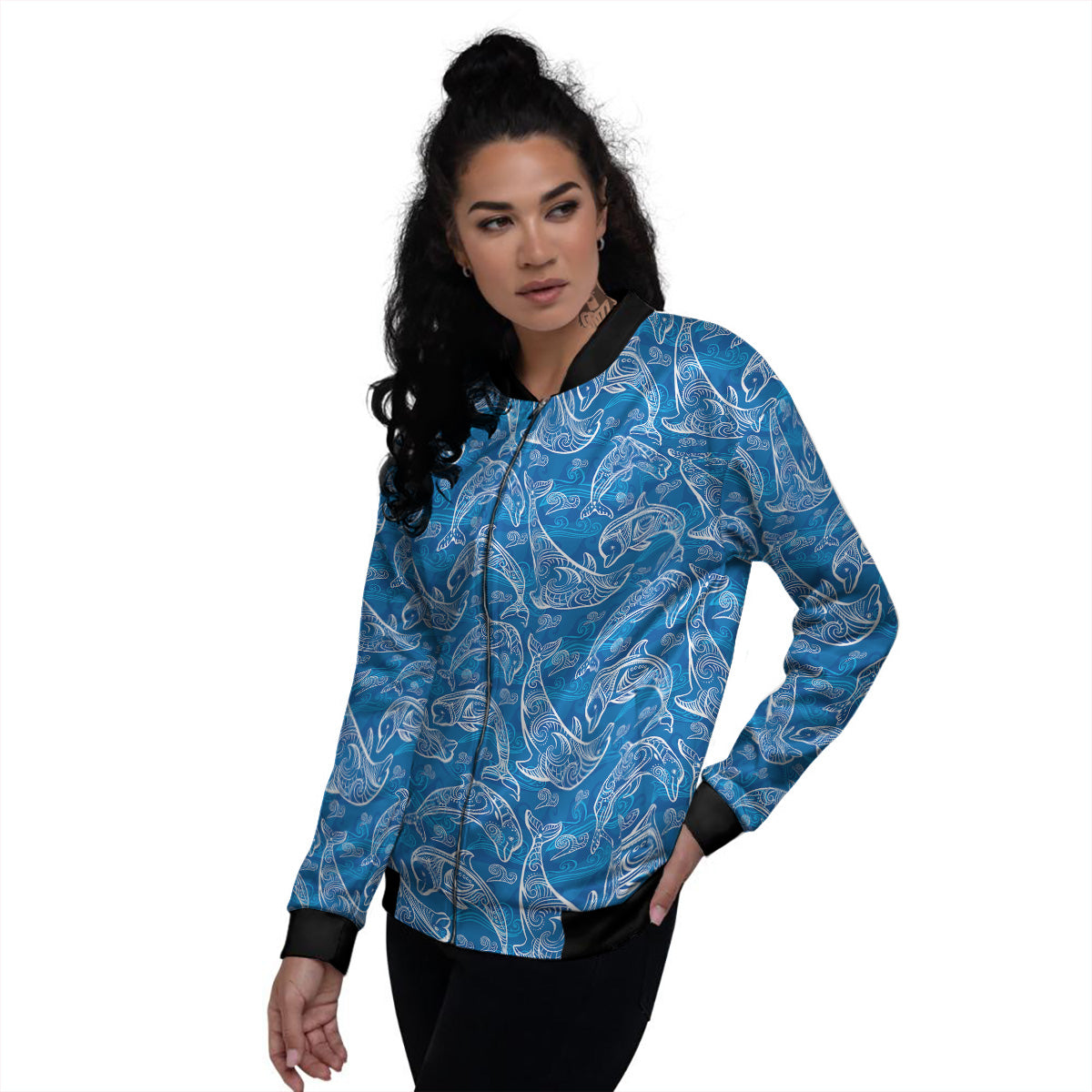 Blue Dolphins Ethnic Print Pattern Women's Bomber Jacket-grizzshop