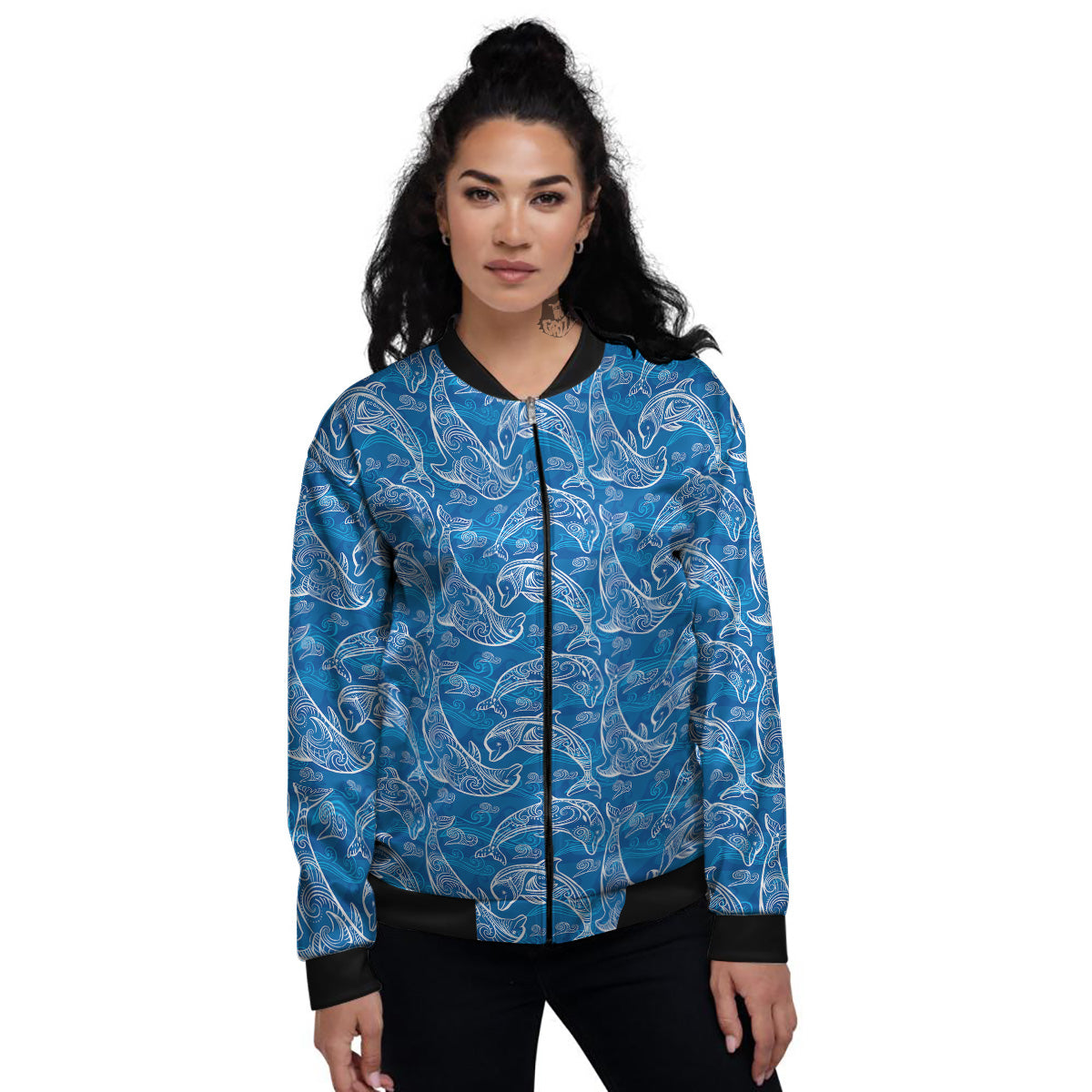 Blue Dolphins Ethnic Print Pattern Women's Bomber Jacket-grizzshop