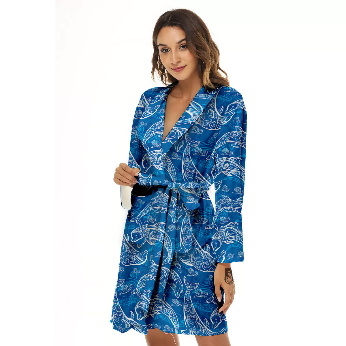 Blue Dolphins Ethnic Print Pattern Women's Robe-grizzshop