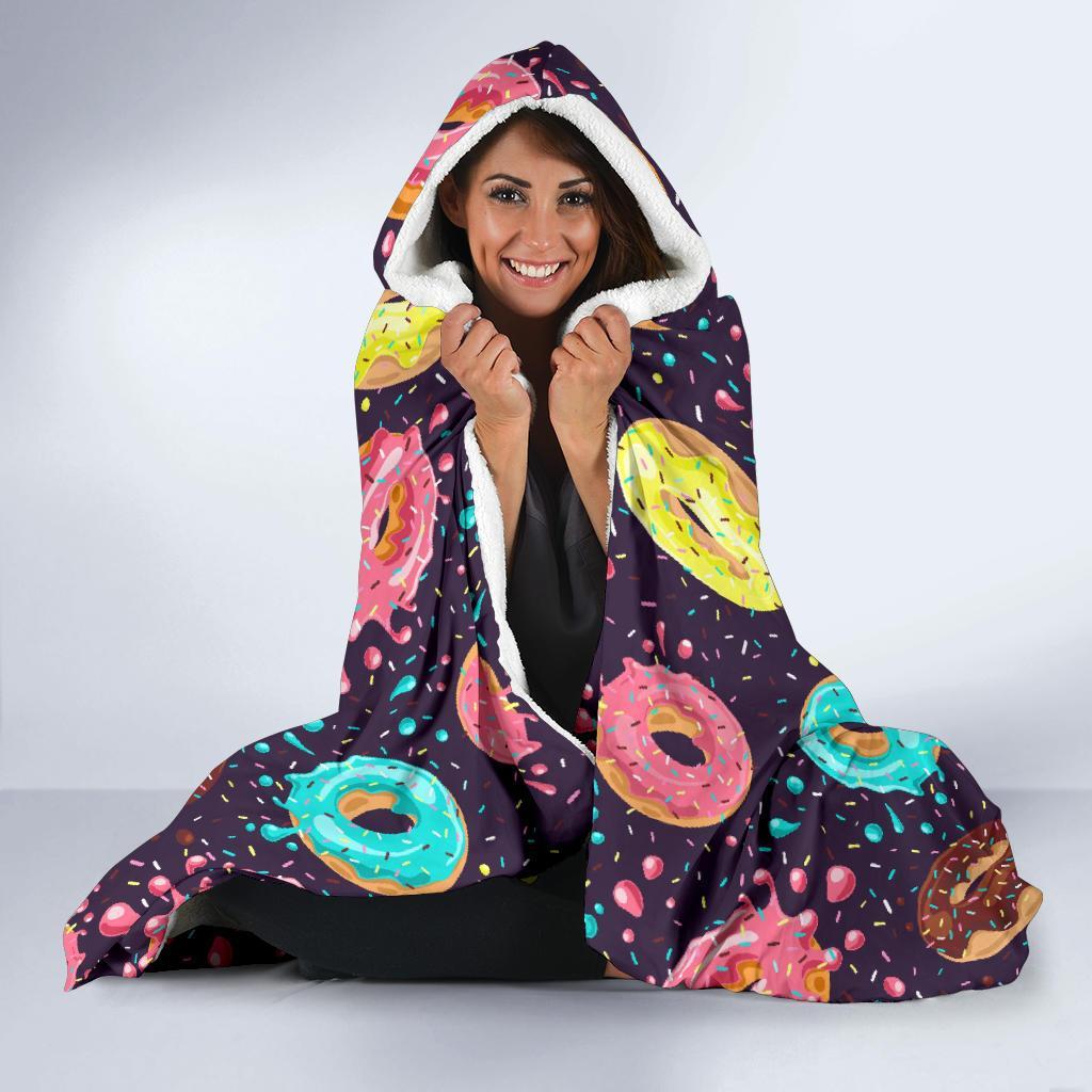 Blue Donut Pattern Print Hooded Blanket-grizzshop