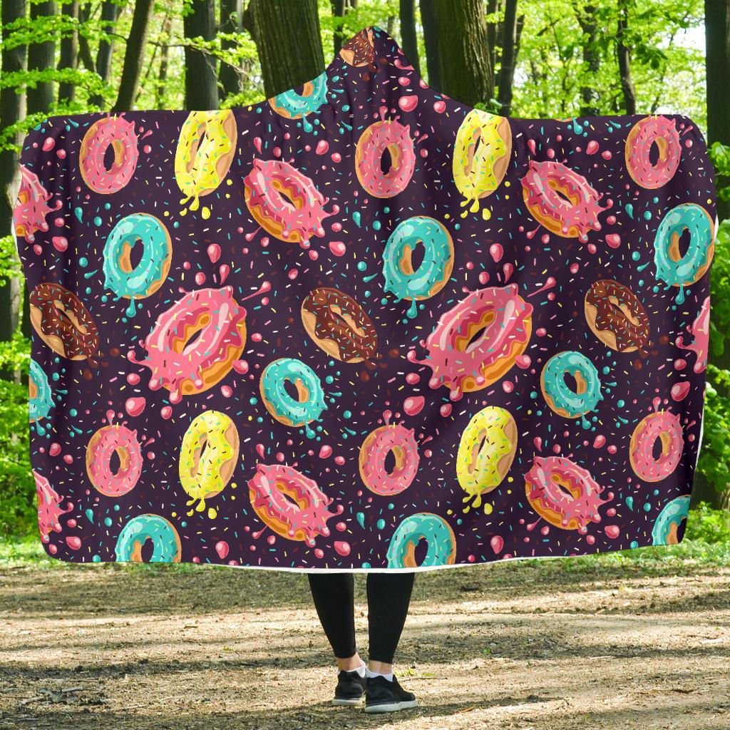 Blue Donut Pattern Print Hooded Blanket-grizzshop