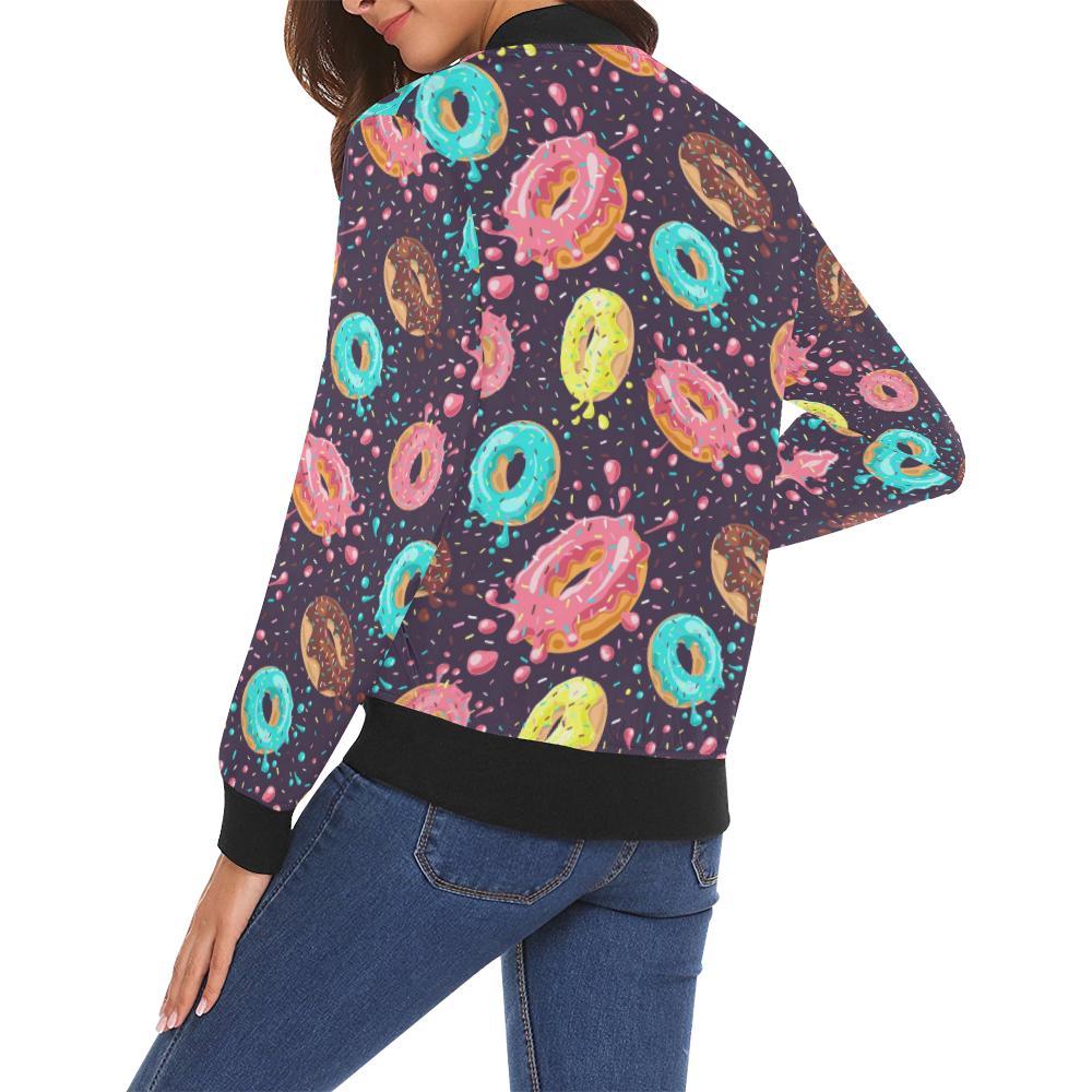 Blue Donut Pattern Print Women Casual Bomber Jacket-grizzshop